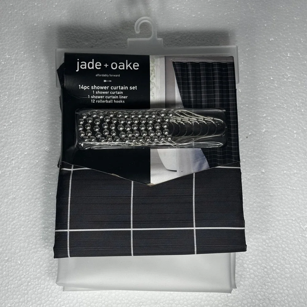 Jade Oake 14pc Modern Chic Grid Shower Curtain Set Gray White Bathroom Decor New